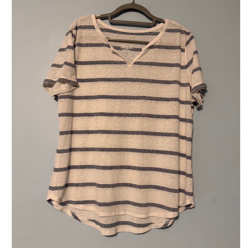 Time and Tru Women's XXL Blue White Striped Linen Blend Notch Neck T-Shirt 2017
